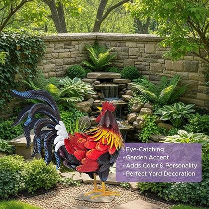 Hand-Painted Lifelike Metal Rooster Weather-Resistant Outdoor Garden Statue, Indoor/Outdoor Decor, Gift-Ready Centerpiece