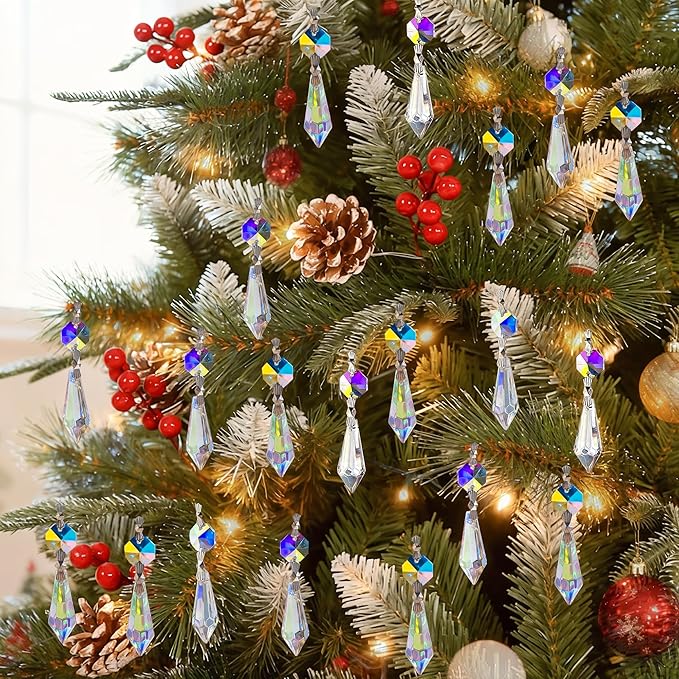 kanpura 25pcs Hanging Chandelier Crystals Icicle Prisms Pendants Glass Beads Replacement Parts for Chandeliers Christmas DIY Decoration(38mm AB)