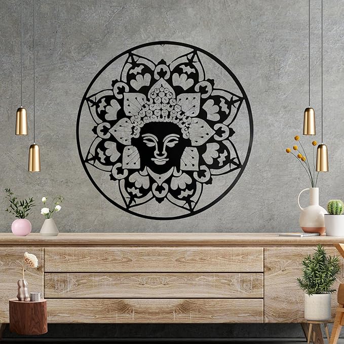 Bellaa 23514 Metal Wall Art Black Buddha Mandala Meditation Yoga Altar Indoor Serene Zen Buda Home Decor Outdoor Garden Patio Hanging 3d Sign Laser Cut 24 inch