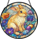 Easter Bunny Suncatcher Stained Glass Window Hanging, Bunny Rabbit Flower Sun Catchers Indoor Window Glass Wall Art Decor, Easter Wall Hanging Decor Decorations, 7.9x7.9 Inch