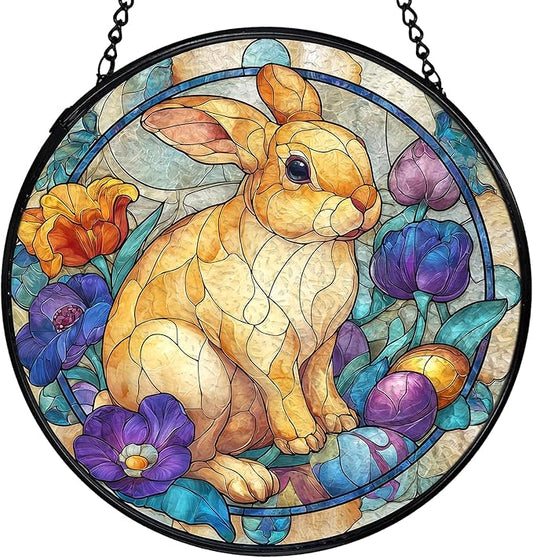 Easter Bunny Suncatcher Stained Glass Window Hanging, Bunny Rabbit Flower Sun Catchers Indoor Window Glass Wall Art Decor, Easter Wall Hanging Decor Decorations, 7.9x7.9 Inch