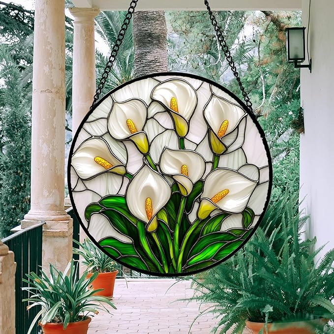 DASTOLL Stained Glass Window Hanging, White Calla Lily Suncatcher Diamond Glass Panel Hangings Flowers Sun Catchers Decor for Birthday for Women, Men, Wife, Aunt, and Mom 14.9x14.9 in