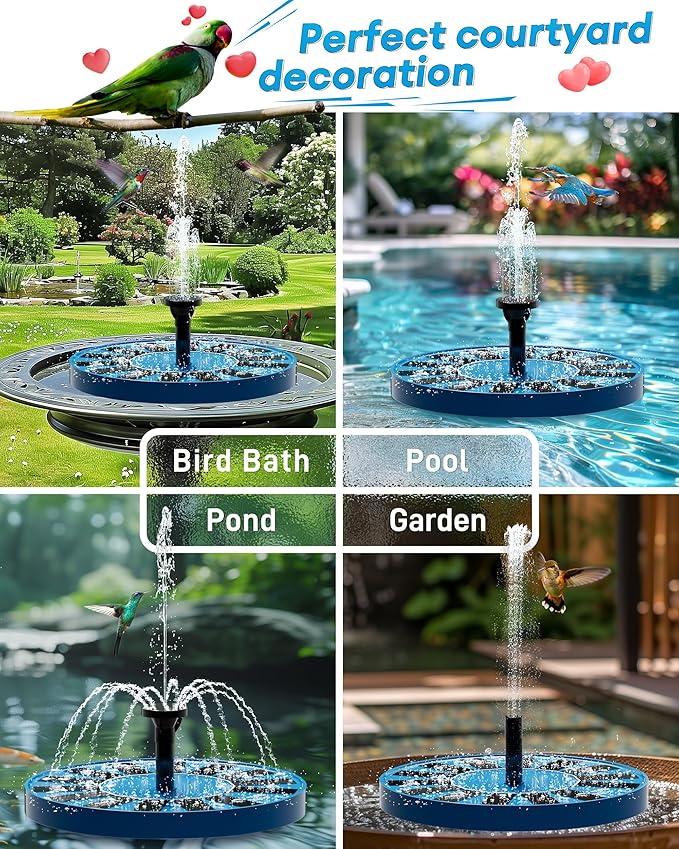 2.5W Solar Bird Bath Fountain – Upgraded Solar Pond Fountain with 6 Nozzles,Solar Fountain for Bird Bath, Pond, Garden Decor (Blue)