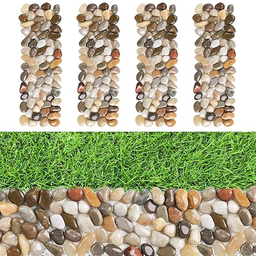 River Rock Stepping Stones Outdoor for Garden Walkway, 4 Pcs 12" L x 4" W Rectangle Shape Paver Step Stones Polished Pebble River Stone Mat for Yard Lawn Patio Pathway Walk Way - Multi-color