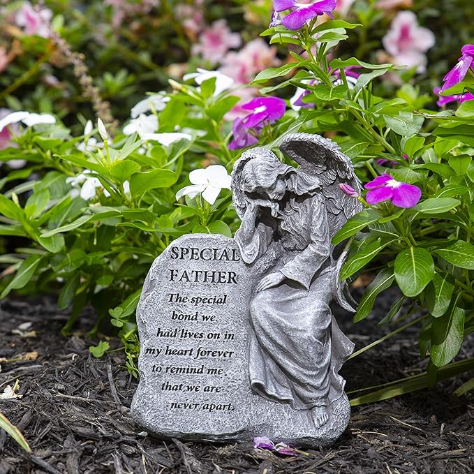 Besti Garden Memorial Stone Angel - Cold-Cast Ceramic Graveyard Remembrance Decoration - Outdoor Sculpture and Engraved Design with Special Father Quote - Sympathy Gift