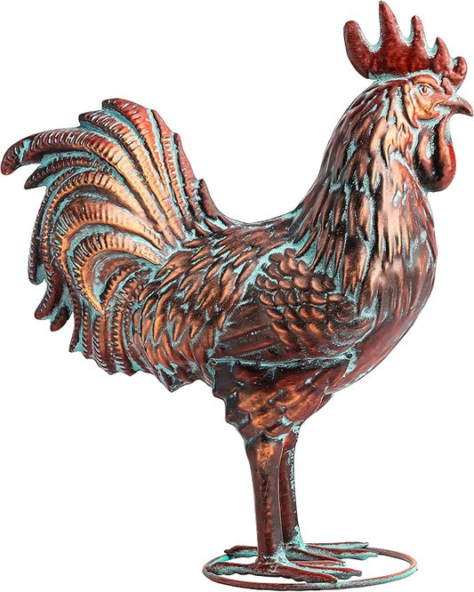 Metal Rooster Yard Decor 15.7" L x 18.8" H Large Outdoor Chicken Sculpture Yard Art Antique Copper Garden Statues for Backyard Patio Lawn Home Farmhouse Kitchen Decorations