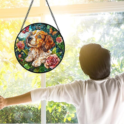 DASTOLL Stained Glass Window Hanging, Dog and Rose Suncatcher for Doors Home Butterfly Sun Catchers Decoration and Christmas, Mother's Day Birthday Gifts for Women, Men, and Mom 9.8 in