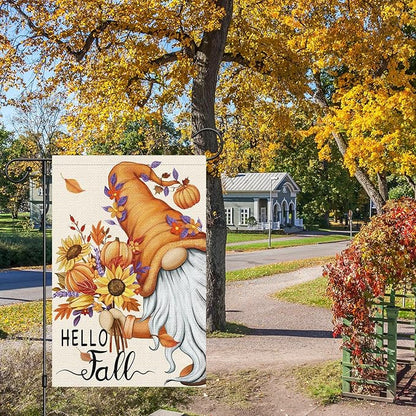 Hello Fall Gnome Garden Flag 12x18 Double Sided Burlap, Pumpkin Sunflower Garden Yard Flags for Thanksgiving Rustic Seasonal Outside Outdoor House Decoration (ONLY FLAG)