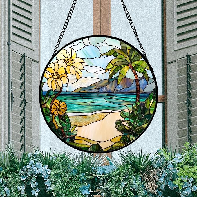 DASTOLL Stained Glass Window Hanging 4 Pcs Set Blue Ocean Coconut Tree Scenery Large 15" - Suncatcher Door Garden Sun Catcher Decor Birthday Christmas for Mom Woman Nana Men