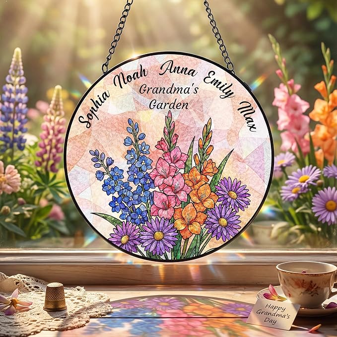 Personalized Mothers Day Stained Glass Gifts for Grandma, Custom Flower Windows Hanging with Kids Name, Suncatcher Ornament Decor Mom Gift from Daugher