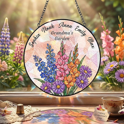Personalized Mothers Day Stained Glass Gifts for Grandma, Custom Flower Windows Hanging with Kids Name, Suncatcher Ornament Decor Mom Gift from Daugher