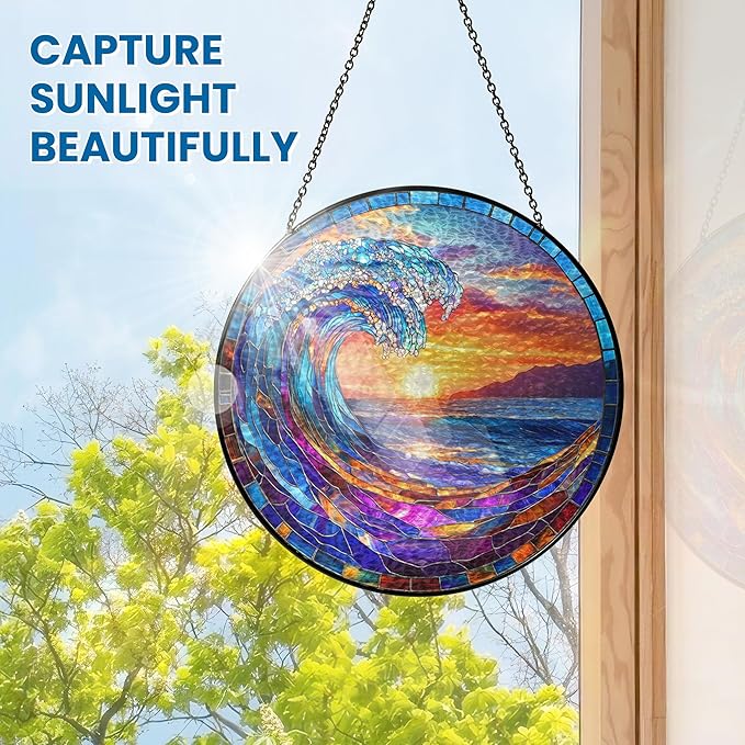 FLAGWIX Beach Gifts for Women Men - Stained Glass Window Hanging 10 in - Beach Decorations for Home, Sun Catchers Indoor Window for Ocean Decor, Suncatchers for Windows Hanging, Boho Gifts for Women