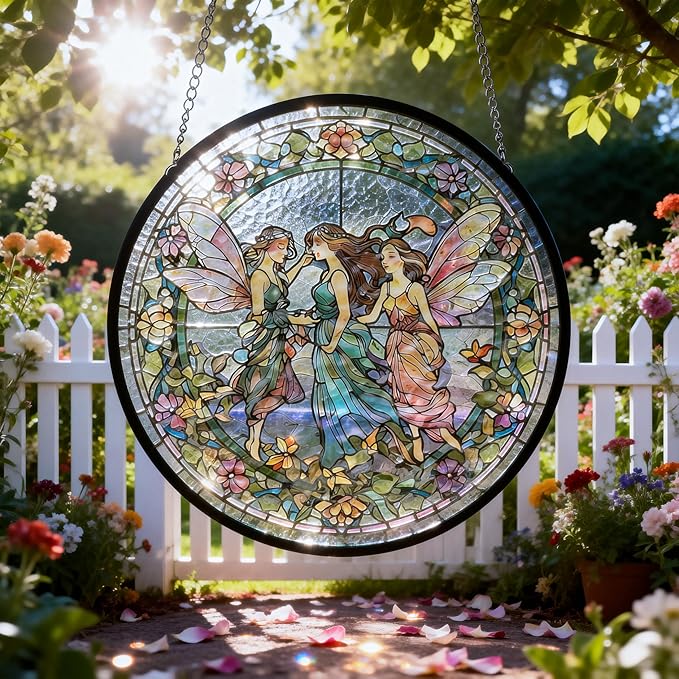 Flower Fairies Stained Glass Window Hanging, Flower Fairy in Wonderland Sun Catcher Spring Summer Garden Decor Gift for Girls, Mom, Grandma (C, 8"/20cm)