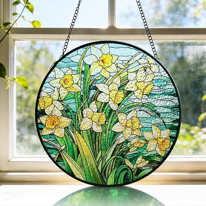 AELS Stained Glass 7.87" Round Suncatcher, Colorful Sun Catcher for Home Garden Window Decor, Window Hanging Ornament Gift for Friends and Family, Yellow Blossom