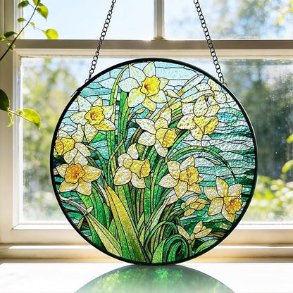 AELS Stained Glass 7.87" Round Suncatcher, Colorful Sun Catcher for Home Garden Window Decor, Window Hanging Ornament Gift for Friends and Family, Yellow Blossom
