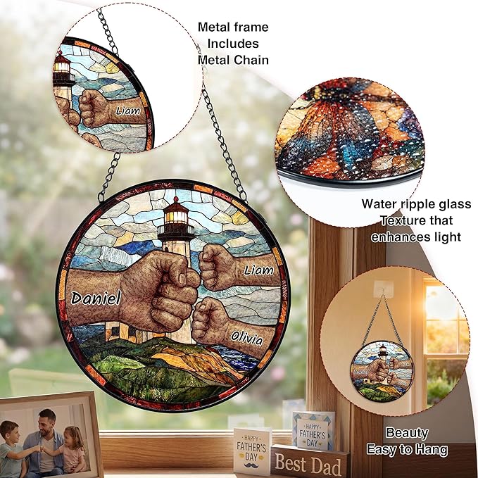 Personalized Fathers Day Birthday Gifts, Custom Stained Glass Windows Hanging with Kids Name, Suncatcher Ornament Decor Gift for Father Dad Grandpa