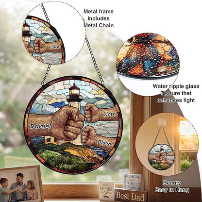 Personalized Fathers Day Birthday Gifts, Custom Stained Glass Windows Hanging with Kids Name, Suncatcher Ornament Decor Gift for Father Dad Grandpa