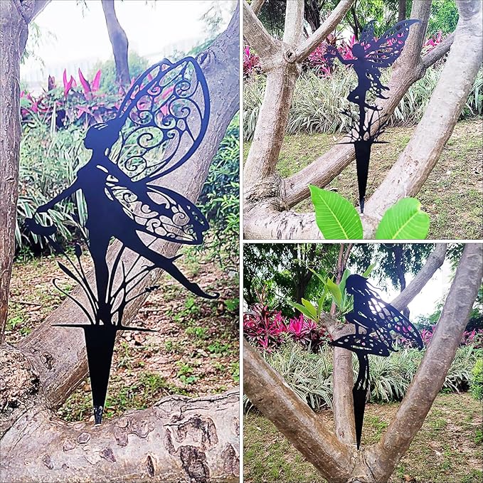 Tipmant Metal Iron Art Decoration Flower Fairy Silhouette Decorative Stakes Statues Ornament Crafts for Outdoor Gardens, Yard, Courtyards, Parks, Lawns, Potted Plants, Corridors etc. – 3 Pack