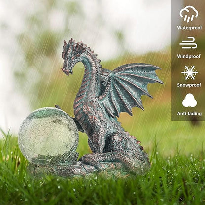 TERESA'S COLLECTIONS Dragon Outdoor Statues with Solar Crackle Globe Light, Resin Bronze Gothic Garden Decor,Touching Magic Ball Resin Lawn Ornaments for Patio Yard Decorations Gifts for Mom Dad, 6"