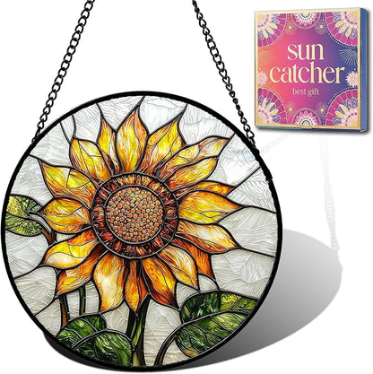 Sunflower Gifts for Women - Yellow Flower Faux Stained Glass Window Hanging Sun Catcher for Door Garden Acrylic Decor Mother's Day Christmas Birthday Gift for Mom Nana Grandma Sisters Colleague 9.8"
