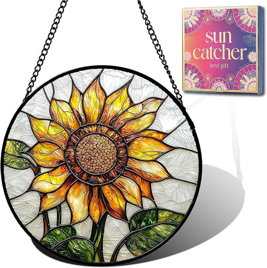 Sunflower Gifts for Women - Yellow Flower Faux Stained Glass Window Hanging Sun Catcher for Door Garden Acrylic Decor Mother's Day Christmas Birthday Gift for Mom Nana Grandma Sisters Colleague 9.8"