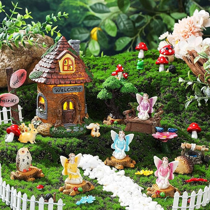 Leyndo 28 Pcs Solar House Garden Accessories Fairy Light up Fairy Figures Garden Kit Resin Miniature Mushroom House Figures Micro Landscape Ornaments (Fresh)