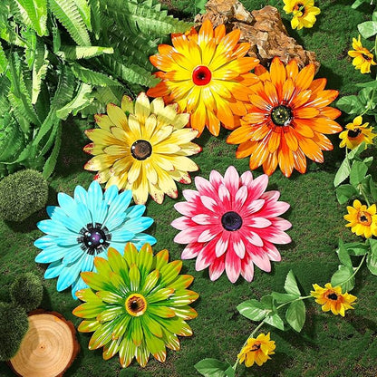 Photect 6 Pcs Metal Flowers Wall Decor Hanging Outdoor Metal Daisy Wall Art Decorations Multiple Layer 3D Daisy Flowers for Garden Farmhouse, 8 Inch(Classic Color)