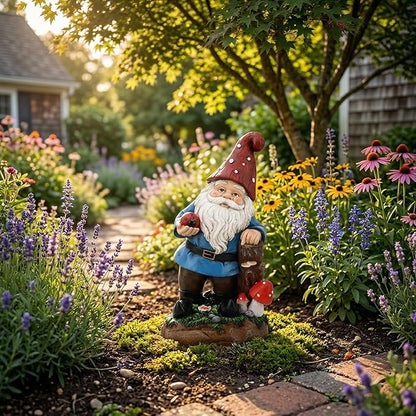 Topadorn Garden Gnome Statue LED Light Solar Energy Gnome Figurine with Ladybug on Hand Mushroom for House, Lawn Decor 11 Inch