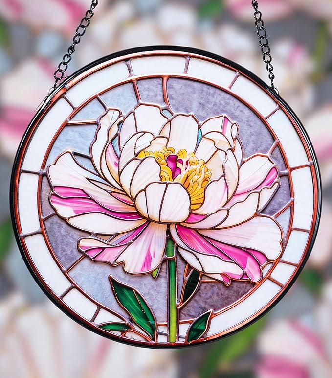 Stained Glass Window Hanging, Pink Peony Suncatcher 7.8 in Sun Catcher Glass Panel Boho Wall Art Decor with Chain Diamond Glass Panel Hangings Scenery Sun Catchers Decor for Lover Couple Mom