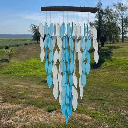 Blue Handworks Blue Waterfall & Driftwood Chime, Sandblasted Glass and Found Wood Handcrafted Wind Chime