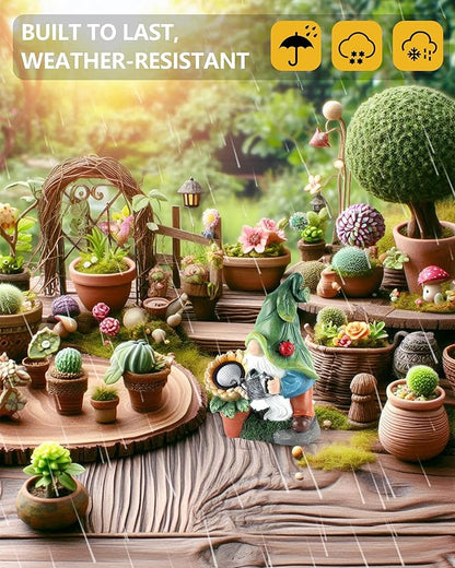 GoGnome Solar-Powered Large Garden Gnome Watering Can Sunflower - 12 in Garden Decor Gnomes Decorations for Yard Lawn Ornaments Outside Statue Figurine LED Lights (Gnome)