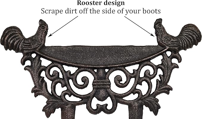 LuLu Decor, Cast Iron Garden Boot Scraper Set of 2, Solid Decorative Design with Pointed Bottom for Easy in ground use, H 10" W 11"(2 Pc Rooster)