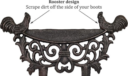LuLu Decor, Cast Iron Garden Boot Scraper Set of 2, Solid Decorative Design with Pointed Bottom for Easy in ground use, H 10" W 11"(2 Pc Rooster)