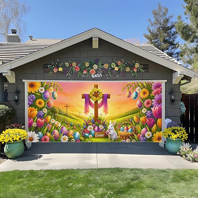Easter Garage Door Banner 157.5x70.9in Large Spring Garage Door Cover Bunny Floral Outdoor Decorations for House Exterior Party Decor with Grommets Rope