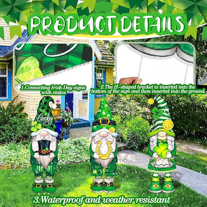 Umigy 3 Pcs St. Patrick's Day Yard Signs Shamrock Gnome Outdoor Decor with Stakes 32 x 10 Inch St. Patrick's Day Lawn Garden Decorations for Home Pathway Walkway