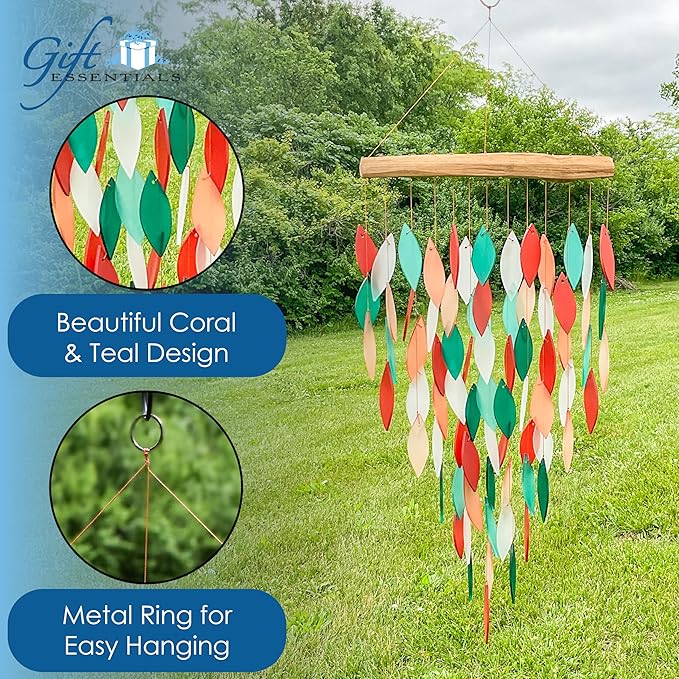 Blue Handworks Deluxe Coral & Teal Waterfall & Driftwood Chime, Sandblasted Glass and Found Wood Handcrafted Wind Chime