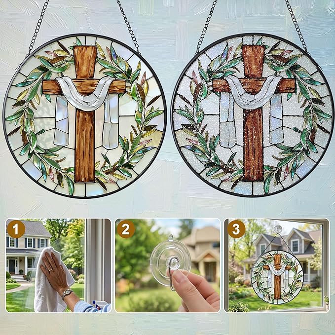 7.9 Inch Cross and Olive Leaves Stained Glass Suncatcher, Cross Sunset Suncatchers for Windows Hanging Indoor Decor, Stained Glass Gift, Christian Gifts, Religious Gifts, Window Decor