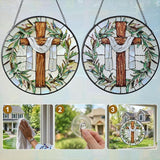 7.9 Inch Cross and Olive Leaves Stained Glass Suncatcher, Cross Sunset Suncatchers for Windows Hanging Indoor Decor, Stained Glass Gift, Christian Gifts, Religious Gifts, Window Decor
