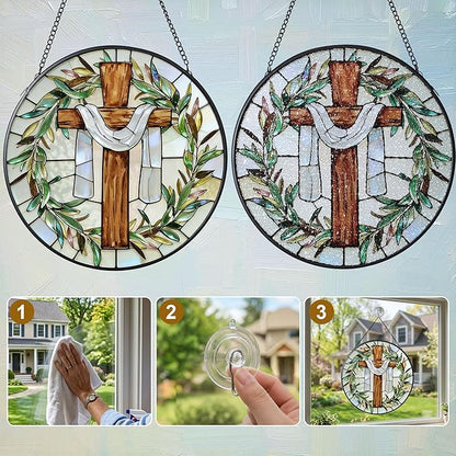 7.9 Inch Cross and Olive Leaves Stained Glass Suncatcher, Cross Sunset Suncatchers for Windows Hanging Indoor Decor, Stained Glass Gift, Christian Gifts, Religious Gifts, Window Decor