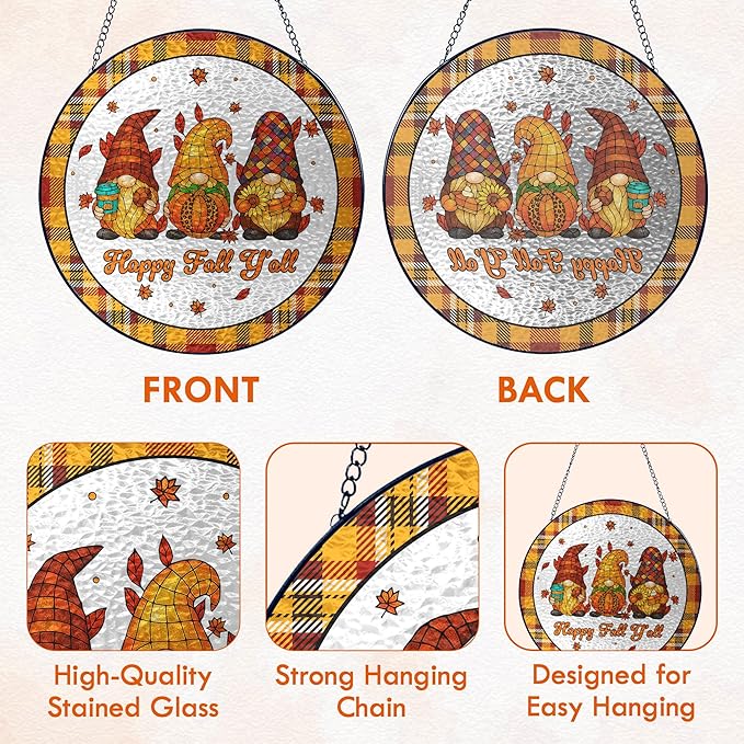 FLAGWIX Fall Decorations for Home - Happy Fall Y'all Stained Glass Window Hanging 8 in - Thank You Gifts for Women Men, Gnomes Sun Catchers Indoor Window Garden Decor, Decorations Sun Catcher