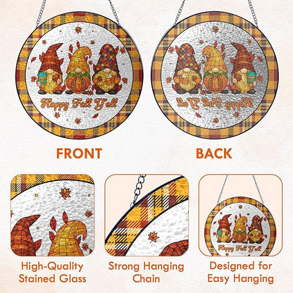FLAGWIX Fall Decorations for Home - Happy Fall Y'all Stained Glass Window Hanging 8 in - Thank You Gifts for Women Men, Gnomes Sun Catchers Indoor Window Garden Decor, Decorations Sun Catcher