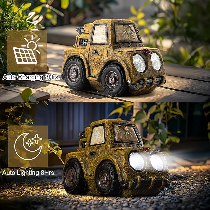 Etlemonde Garden Statue Outdoor Solar Car Decor with LED Light Vintage Resin Sculpture Truck Rustic Decoration for Lawn Patio Yard Gifts for Women