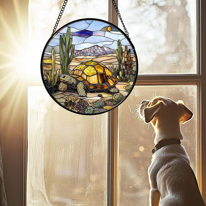 Stained Glass Window Hanging Golden Turtle Cactus Landscape 7.8" - Suncatcher Door Garden Sunroom Sun Catcher Home Decor Birthday Christmas for Mom Men Woman Nana