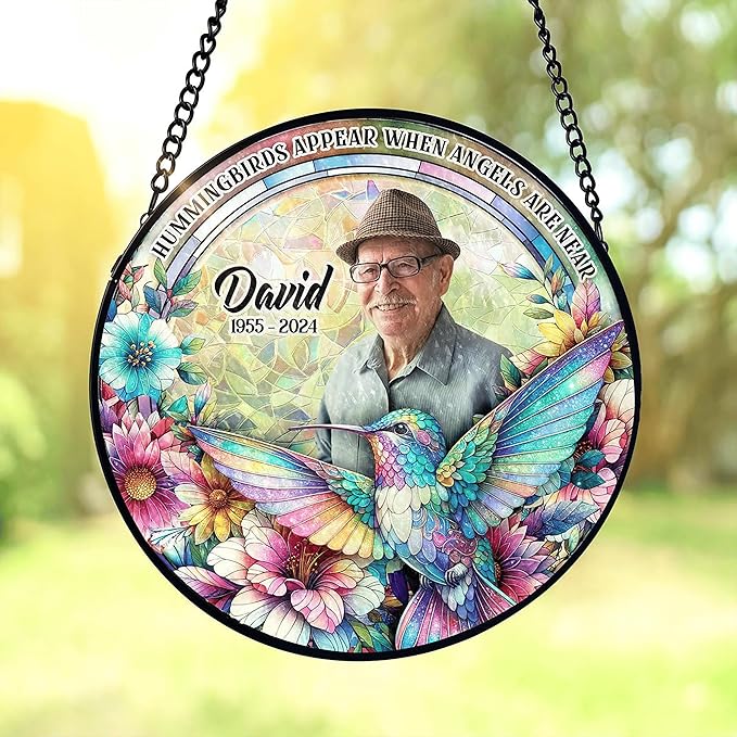 Personalized Memorial Gifts for Loss of Mom,Remembrance Gift, Hummingbirds Appear When Angels are Near - Custom Photo Window Stained Glass, Loss of Loved One, Custom Text on Glass Hanging Window