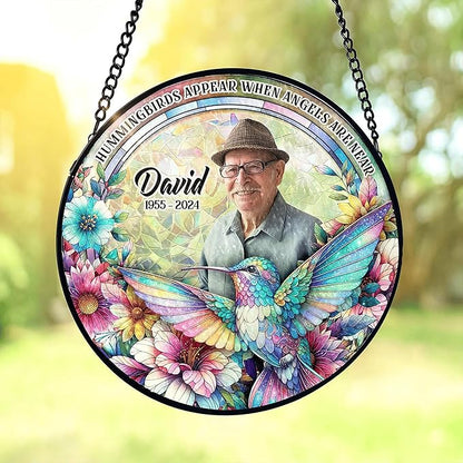 Personalized Memorial Gifts for Loss of Mom,Remembrance Gift, Hummingbirds Appear When Angels are Near - Custom Photo Window Stained Glass, Loss of Loved One, Custom Text on Glass Hanging Window