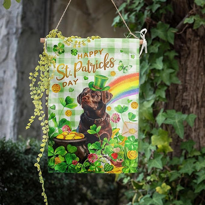 Chocolate Lab St Patricks Day Garden Flag Labrador Dog St Patrick's Day Yard Flags for Outside 12x18 Double Sided Buffalo Plaid Shamrock Flag Small Outdoor Rainbow St Patrick's Decor