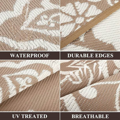 Pauwer Waterproof Outdoor Rug 9x12, Reversible Plastic Straw Patio Camping Rug, Indoor Outdoor RV Mat Carpet for Deck, Camper, Porch, Balcony, Backyard, Picnic, Boho Brown
