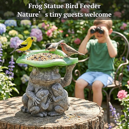 MXwcy Solar Garden Lights Frog Statue Bird Feeder, 7.87" Resin Frog Family Statue Solar Garden Decor, Solar Lights Outdoor Waterproof for Yard Patio Lawn, Frog Gifts for Women Mom Grandma