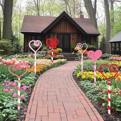 6 Pcs 14.6" Valentine's Day Metal Yard Stakes Large Metal Heart Garden Stakes Red Pink Planter Sign for Valentines Day Flower Pot Porch Patio Walkway Lawn Outdoor Decoration