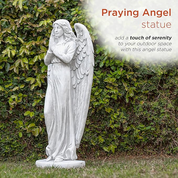 Alpine Corporation 47" Tall Indoor/Outdoor Praying Angel Statue Yard Art Decoration, Light Gray